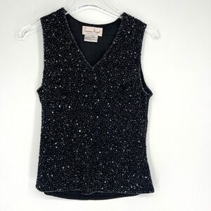 Vtg Laurence Kazar Tank Top Womens M‎ Beaded Black NYE Glam V Neck Retro